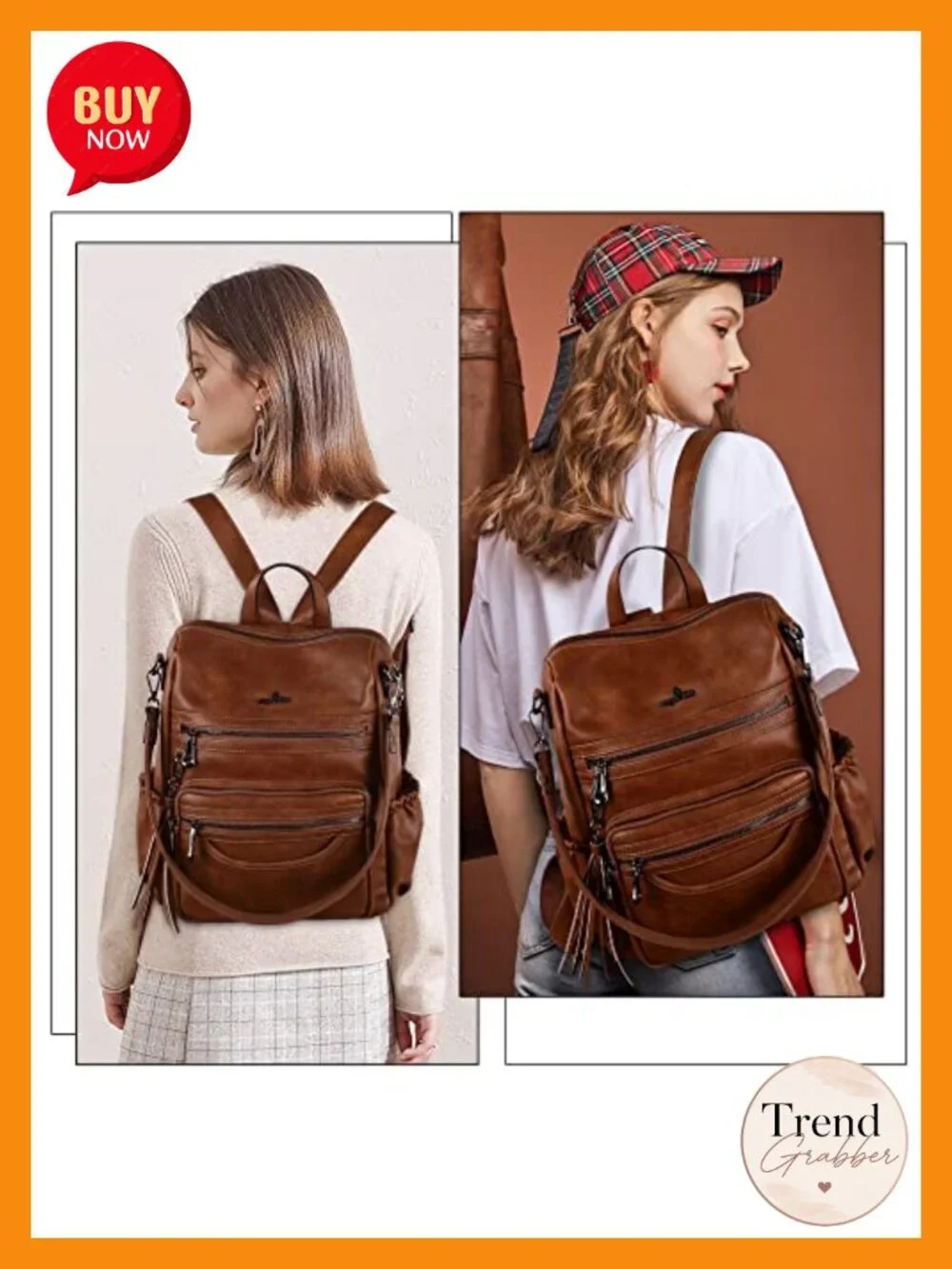 Vegan Leather Zipper Casual Backpack & Shoulder Bag with Waterproof Pocket